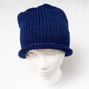 Navy Blue Hand Knit Peruvian Highland Wool Rolled Brim Slouchy Beanie Hat